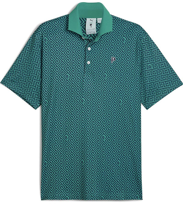 Puma Mens x PTC Resort Golf Polo Shirt  - front in Deep Navy / Sparkling Green has an all-over Greek key design, white piping along the collar’s edge with a solid coordinated Sparkling Green color on the inner collar and a 3 button placket. 