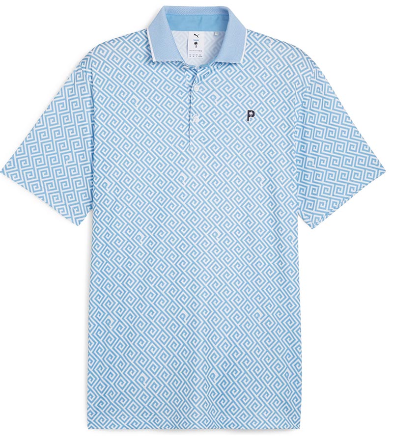 Puma Mens x PTC Resort Golf Polo Shirt - front in Regal Blue / White Glow
has an all-over Greek key design, white piping along the collar’s edge with a solid coordinated Regal Blue color on the inner collar and a 3 button placket.