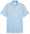 Puma Mens x PTC Resort Golf Polo Shirt - front in Regal Blue / White Glow
has an all-over Greek key design, white piping along the collar’s edge with a solid coordinated Regal Blue color on the inner collar and a 3 button placket.