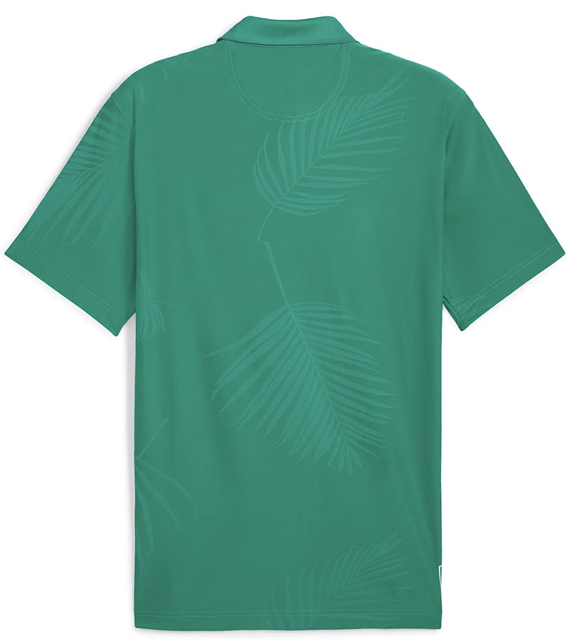 Puma x PTC Jacquard Golf Polo Shirt - back in Sparkling Green has large palm fronds widely spaced in a subtle monochromatic jacquard weave, a classis polo collar, and a 3 button placket.