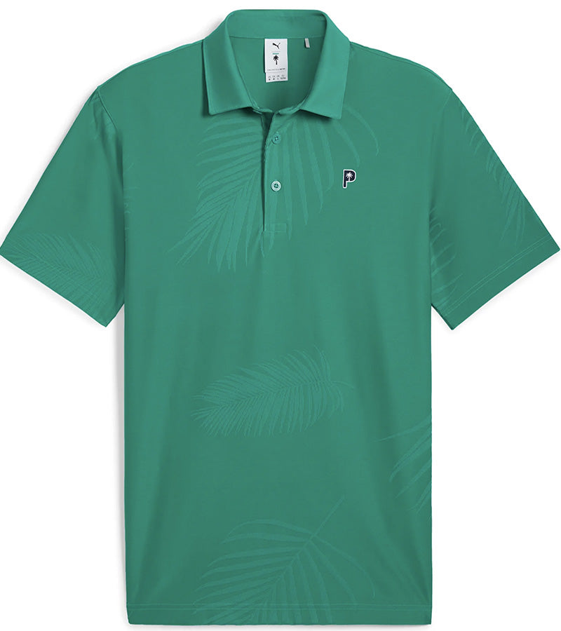 Puma x PTC Jacquard Golf Polo Shirt - front in Sparkling Green has large palm fronds widely spaced in a subtle monochromatic jacquard weave, a classis polo collar, and a 3 button placket.