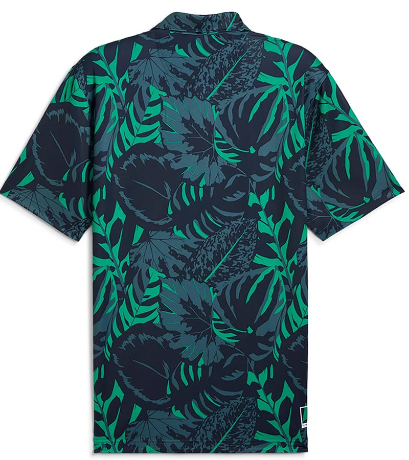 Puma Mens x PTC Palm Glitch Golf Polo Shirt - backin Deep Navy / Sparkling Green has an all over pattern of large lush palm fronds, a classis polo collar, and a 3 button placket.