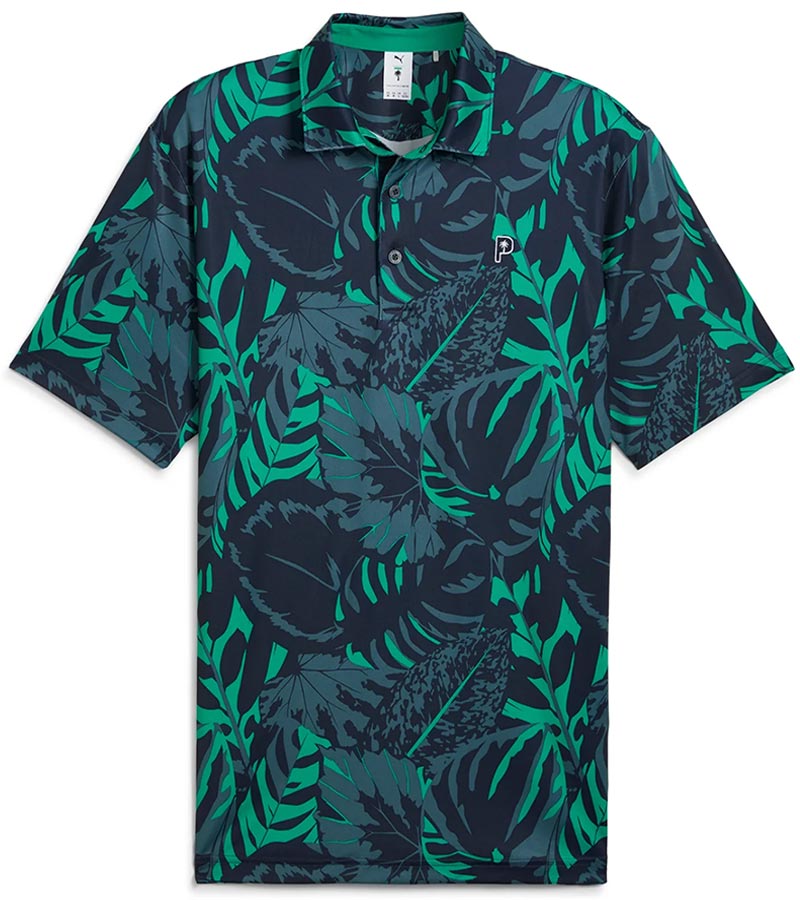 Puma Mens x PTC Palm Glitch Golf Polo Shirt - front in Deep Navy / Sparkling Green has an all over pattern of large lush palm fronds, a classis polo collar, and a 3 button placket.