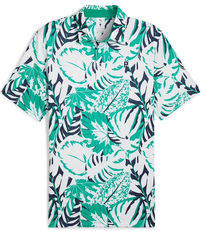 Puma Mens x PTC Palm Glitch Golf Polo Shirt Front in Sparkling Green / Fresh Mint has an all over pattern of large lush palm fronds, a classis polo collar, and a 3 button placket.