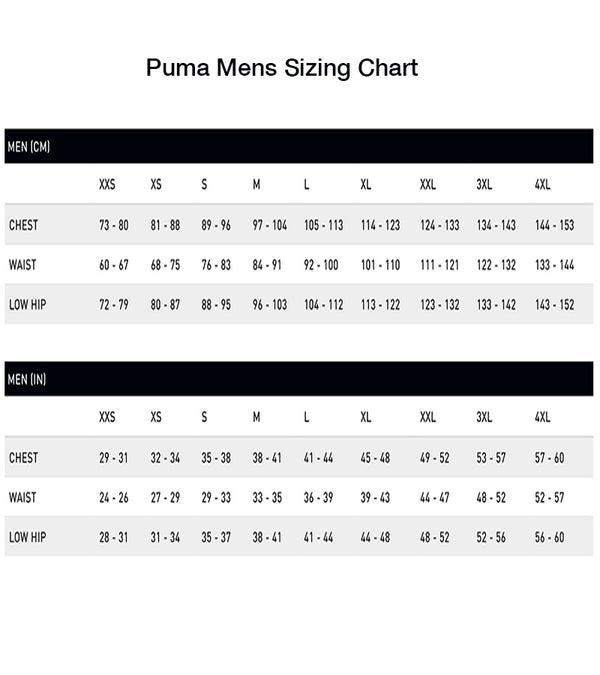 Puma mens sizing chart for golf polo shirts