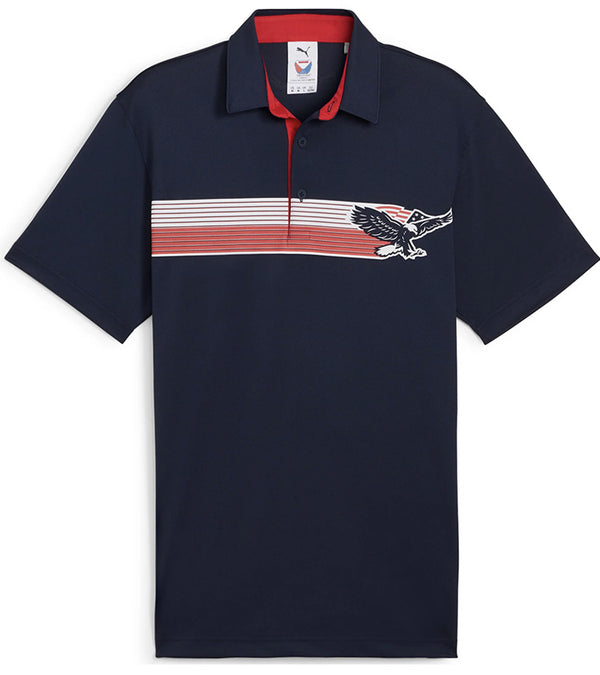 Puma Mens Volition Eagle Golf Polo Shirt Front in Deep Navy / Strong Red with a patriotic theme design of an eagle stripe graphic across the front featuring the bald eagle against a band of red and white stripes. The accent color of the inner collar and 3 button placket gives a pop to the all over look.