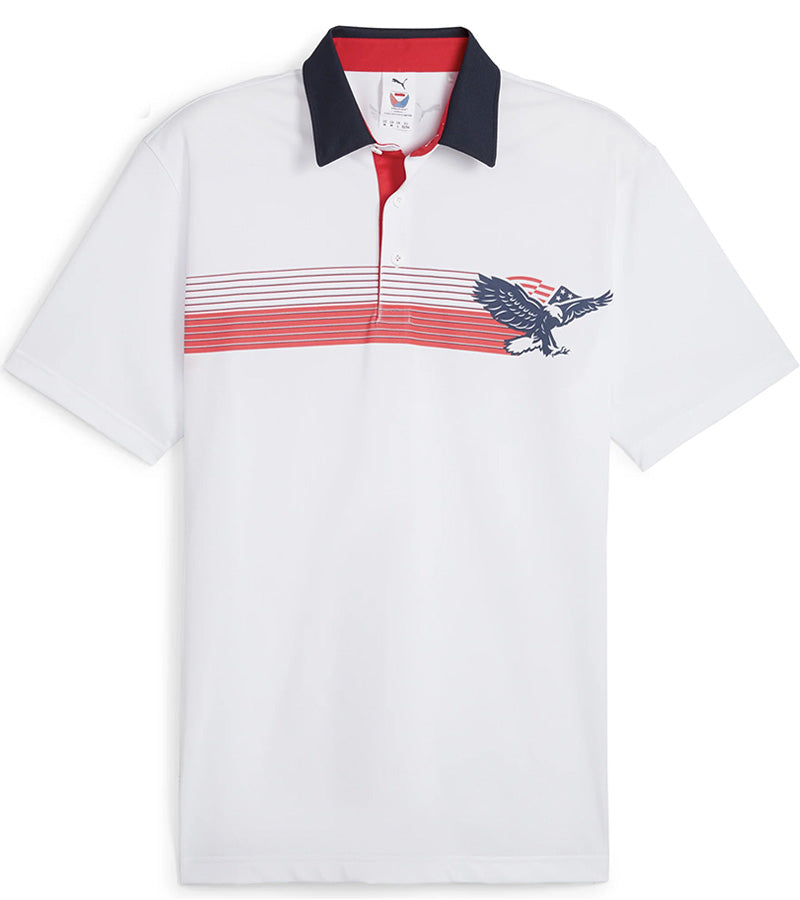 Puma Mens Volition Eagle Golf Polo Shirt - front in White Glow / Deep Navy with a patriotic theme design of an eagle stripe graphic across the front featuring the bald eagle against a band of red and white stripes. The accent color of the inner collar and 3 button placket gives a pop to the all over look.