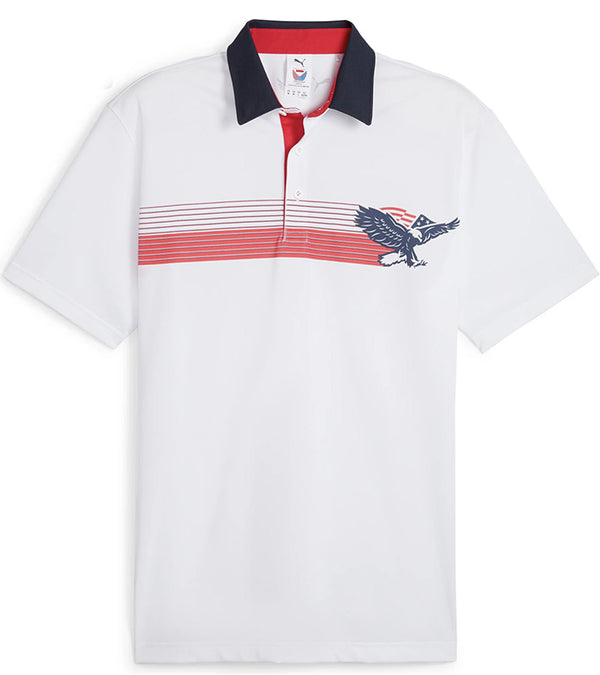 Puma Mens Volition Eagle Golf Polo Shirt - front in White Glow / Deep Navy with a patriotic theme design of an eagle stripe graphic across the front featuring the bald eagle against a band of red and white stripes. The accent color of the inner collar and 3 button placket gives a pop to the all over look.