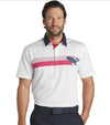 Puma Mens Volition Eagle Golf Polo Shirt Model Front in White Glow / Deep Navy with a patriotic theme design of an eagle stripe graphic across the front featuring the bald eagle against a band of red and white stripes. The accent color of the inner collar and 3 button placket gives a pop to the all over look.