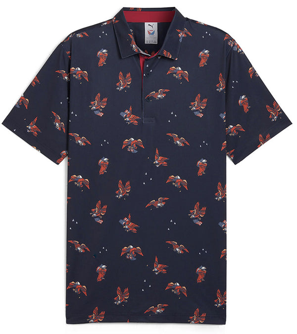 Puma Mens Volition Flying Eagle Golf Polo Shirt -front in Deep Navy with a patriotic theme design of tossed American bald eagles-some holding golf clubs! The  red accent color of the inner collar and 3 button placket gives a pop to the all over look. 