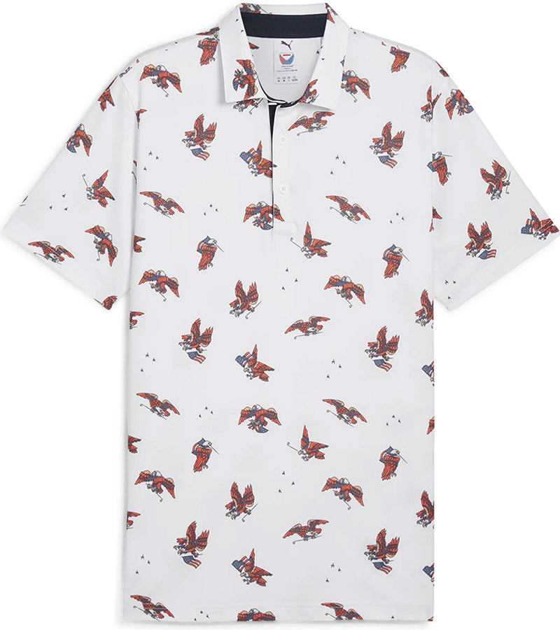 Puma Mens Volition Flying Eagle Golf Polo Shirt -front in White Glow with a patriotic theme design of tossed American bald eagles-some holding golf clubs! The accent color of the inner collar and 3 button placket gives a pop to the all over look