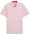 Puma Mens Volition Football Golf Polo Shirt -front in Strong Red / White Glow  with an all over small tossed footballs. The red accent color of the inner collar and 3 button placket gives a pop to the all over look.