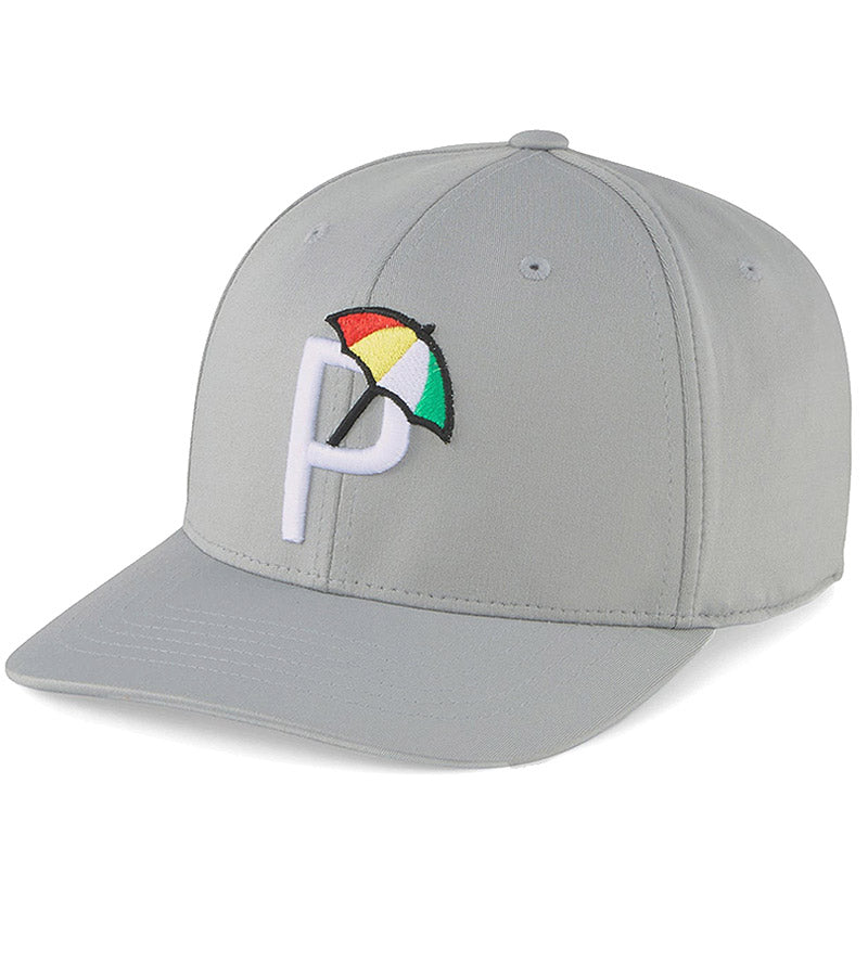 Puma Palmer P Golf Cap 3quarter view in Ash Gray / White Glow