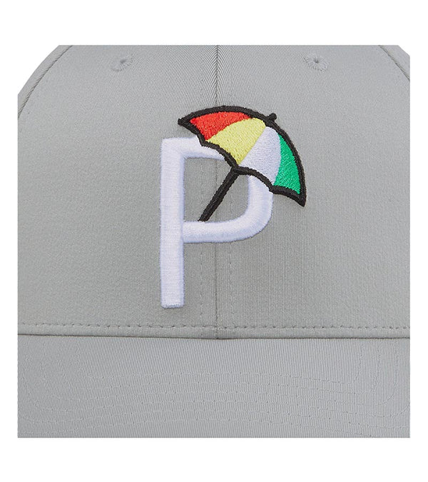 Puma Palmer P Golf Cap in Ash Gray/ White Glow with closeup of the Palmer P logo with a colorful golf umbrella