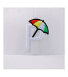 Puma Palmer P Golf Cap in Bright White / Ash Gray with closeup of the Palmer P logo with a colorful golf umbrella