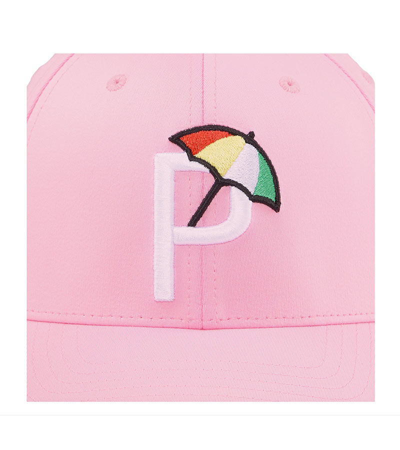 Puma Palmer P Golf Cap in Pale Pink / White Glow with closeup of the Palmer P logo with a colorful golf umbrella