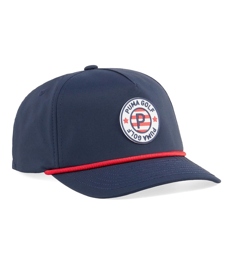 Puma Pars & Stripes Rope Tech Cap in navy with red accent detail & puma golf logo - 3 quarter view