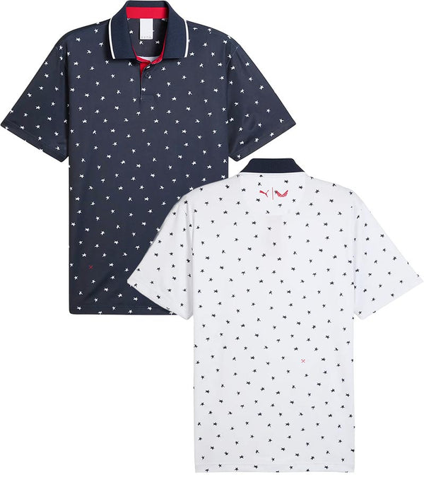 Puma Volition Dancing Stars Mens Golf Polo in 2 colors: Deep Navy in front view and White Glow in back view
