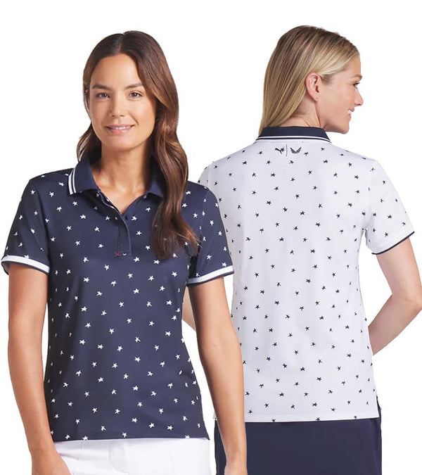 Puma Volition Dancing Stars Short Sleeve Women’s Golf Polo Shirt with 2 models- front view in Deep Navy with white stars and back view in White Glow with navy stars.
