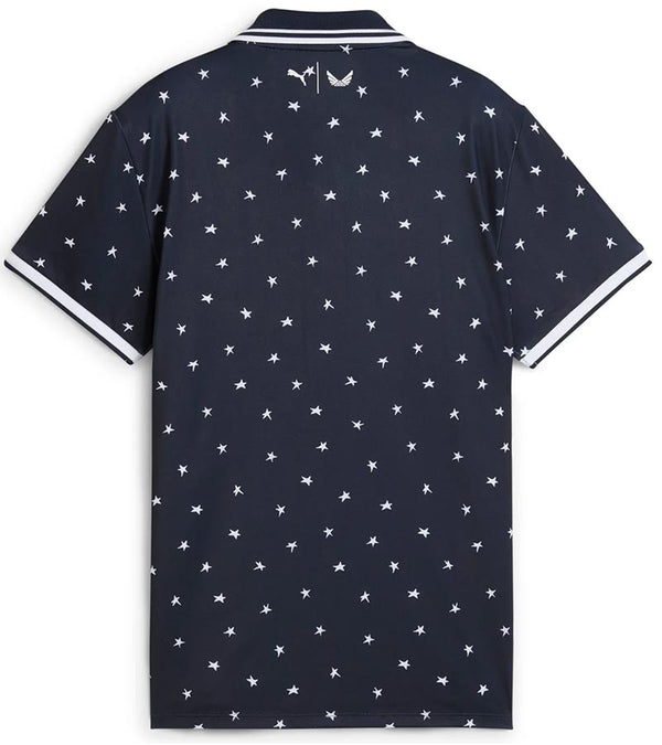 Puma Volition Dancing Stars Short Sleeve Women’s Golf Polo Shirt - back view in Deep Navy with white stars