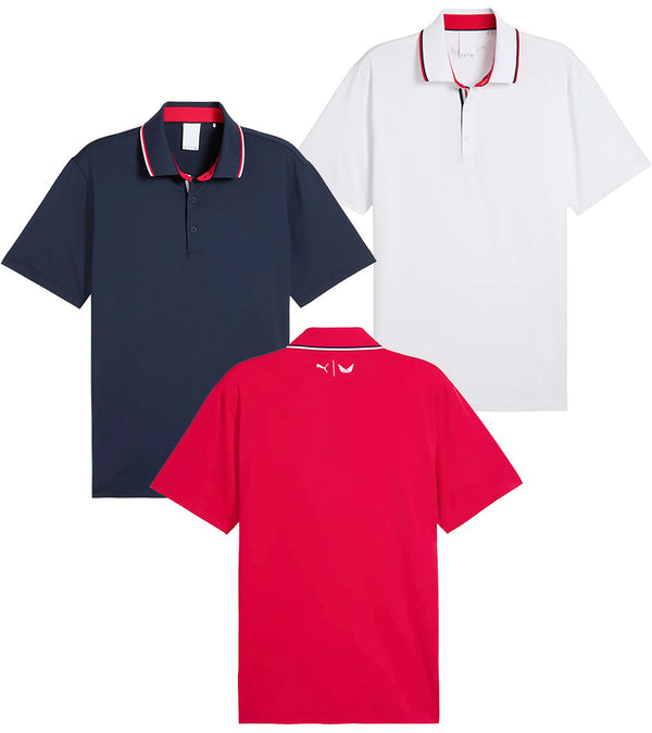 Puma Volition Tipped Men’s Golf Polo in 3 colors -Deep Navy, White Glow in front views & Strong Red in back view