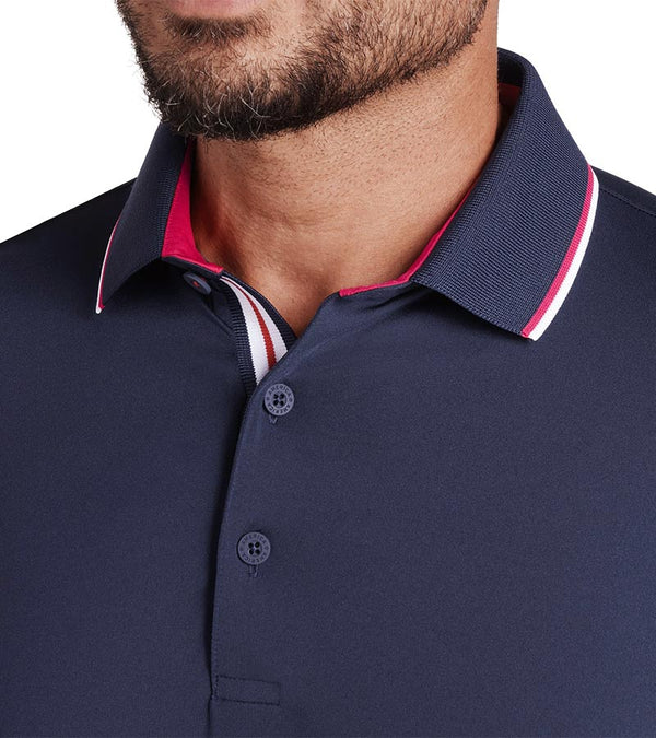 Puma Volition Tipped Men’s Golf Polo in Deep Navy -close up of tipped collar and 2 button placket