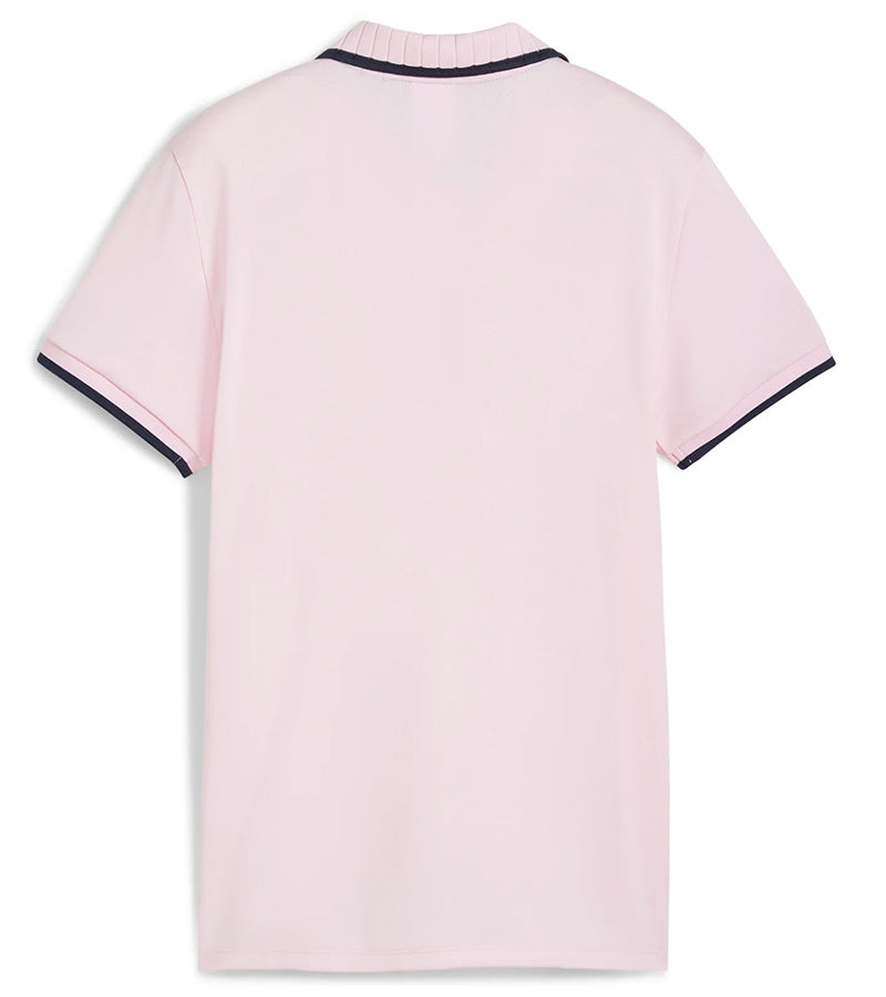 Puma Womens Pique Borrego Sleeveless Golf Polo Shirt - back in solid Pale Pink featuring a classic ribbed collar with dark navy contrast piping and a five-button inner placket.