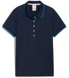 Puma Womens Pique Borrego Sleeveless Golf Polo Shirt - front in solid Deep Navy featuring a classic ribbed collar with dark turquoise contrast piping and a five-button inner placket.