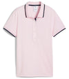 Puma Womens Pique Borrego Sleeveless Golf Polo Shirt - front in solid Pale Pink featuring a classic ribbed collar with dark navy contrast piping and a five-button inner placket.