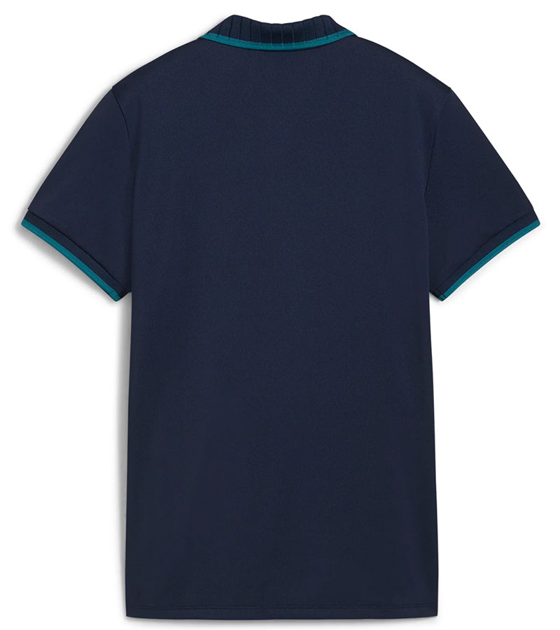 Puma Womens Pique Borrego Sleeveless Golf Polo Shirt - back in solid Deep Navy featuring a classic ribbed collar with dark turquoise contrast piping and a five-button inner placket.