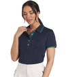 Puma Womens Pique Borrego Sleeveless Golf Polo Shirt - model front in solid Deep Navy featuring a classic ribbed collar with dark turquoise contrast piping and a five-button inner placket.