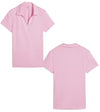 Puma Womens CLOUDSPUN Piped Golf Polo Shirt / Short Sleeve in Pink Icing in front and back with classic collar neckline featuring piped detailing at the V neckline adding a touch of sophistication to the overall design.