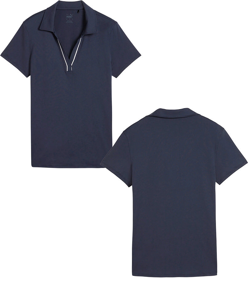 Puma Womens CLOUDSPUN Piped Golf Polo Shirt / Short Sleeve - front & back in solid Deep Navy. With a classic collar, the golf shirt’s standout feature is its piped detailing at the V neckline adding a touch of sophistication to the overall design.