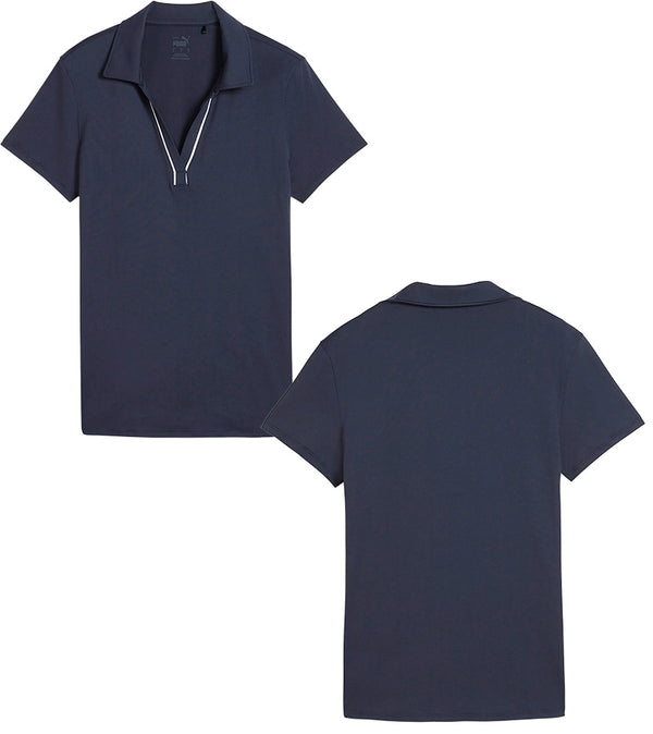 Puma Womens CLOUDSPUN Piped Golf Polo Shirt / Short Sleeve - front & back in solid Deep Navy. With a classic collar, the golf shirt’s standout feature is its piped detailing at the V neckline adding a touch of sophistication to the overall design.