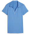 Puma Womens CLOUDSPUN Piped Golf Polo Shirt / Short Sleeve - front in solid Blue Skies. With a classic collar, the golf shirt’s standout feature is its piped detailing at the V neckline adding a touch of sophistication to the overall design.