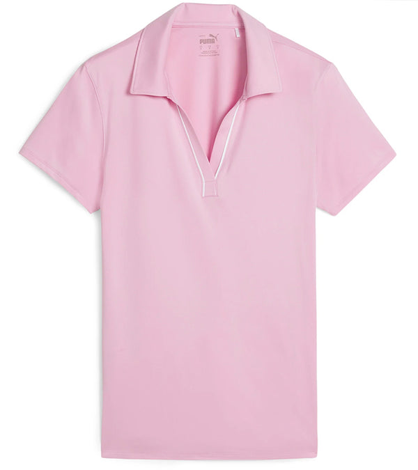 Puma Womens CLOUDSPUN Piped Golf Polo Shirt / Short Sleeve - front in solid Pink Icing. With a classic collar, the golf shirt’s standout feature is its piped detailing at the V neckline adding a touch of sophistication to the overall design