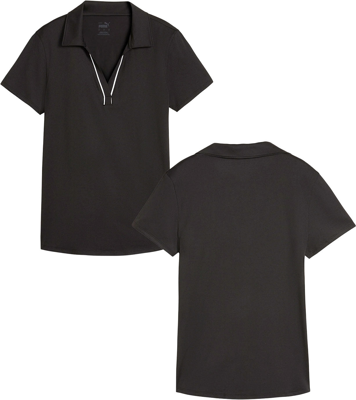 Puma Womens CLOUDSPUN Piped Golf Polo Shirt / Short Sleeve - front i& back n solid Black Puma. With a classic collar, the golf shirt’s standout feature is its piped detailing at the V neckline adding a touch of sophistication to the overall design.
