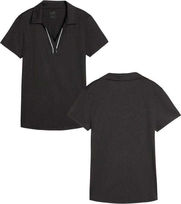 Puma Womens CLOUDSPUN Piped Golf Polo Shirt / Short Sleeve - front i& back n solid Black Puma. With a classic collar, the golf shirt’s standout feature is its piped detailing at the V neckline adding a touch of sophistication to the overall design.