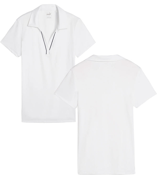 Puma Womens CLOUDSPUN Piped Golf Polo Shirt / Short Sleeve in White Glow -front and back with a classic collar neckline featuring piped detailing at the V neckline adding a touch of sophistication to the overall design.