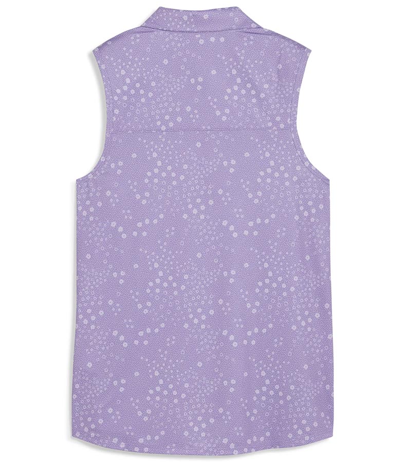 Puma Womens MATTR Hadley Sleeveless Golf Polo Shirt back in Lavender Alert featuring a delicate tiny white floral & dots print with a classic polo collar and 5 button placket for a sophisticated, sporty look