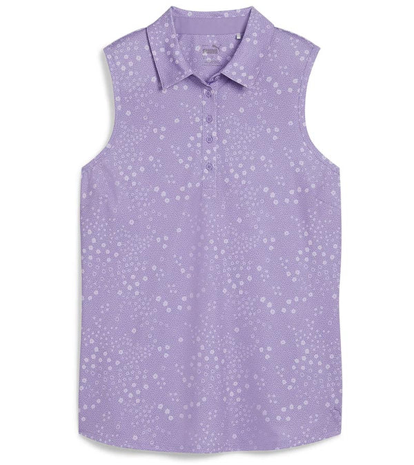 Puma Womens MATTR Hadley Sleeveless Golf Polo Shirt  front in Lavender Alert featuring a delicate tiny white floral & dots print with a classic polo collar and 5 button placket for a sophisticated, sporty look