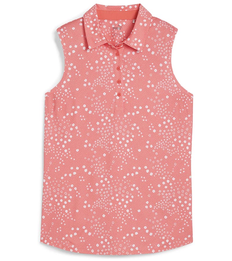 Puma Womens MATTR Hadley Sleeveless Golf Polo Shirt front in Salmon featuring a delicate tiny white floral & dots print with a classic polo collar and 5 button placket for a sophisticated, sporty look