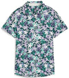 Puma Womens MATTR Lillie Golf Polo Shirt  front in Dark Myrtle / Lavender Alert featuring an all over smallish floral print with a classic polo collar and button placket for a sophisticated, sporty look. 