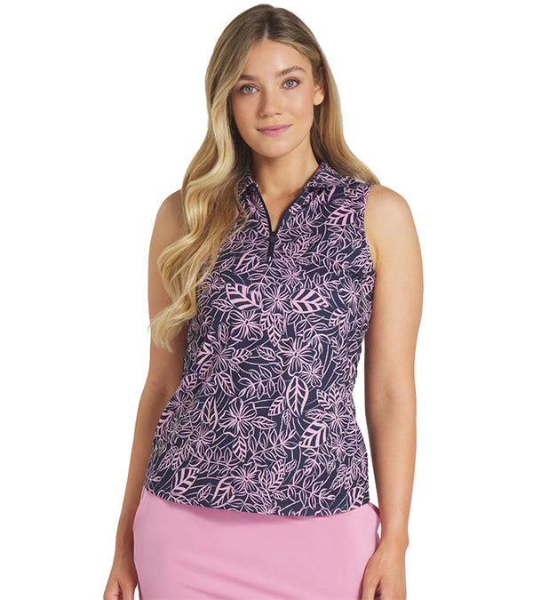 Puma Womens Pique Borrego Sleeveless Golf Polo Shirt - model front in Deep Navy / Mauved Out featuring an all-over leafy/ floral pattern, with a classic collar and a zippered front.