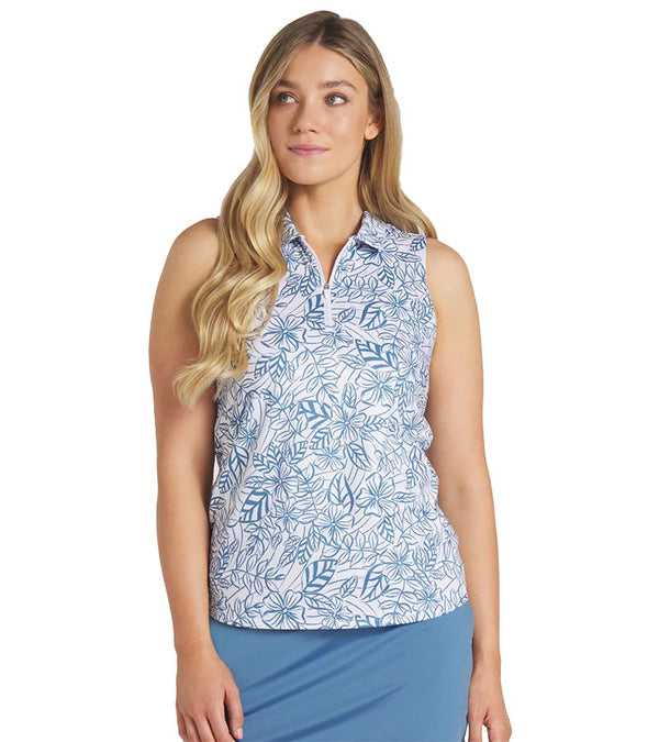 Puma Womens Pique Borrego Sleeveless Golf Polo Shirt - model front in White Glow / Blue Horizon featuring an all-over leafy/ floral pattern, with a classic collar and a zippered front