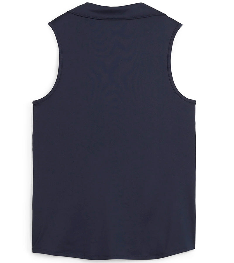 Puma Womens CLOUDSPUN Piped Sleeveless Golf Polo Shirt- back  in solid Deep Navy. With a classic collar, the golf shirt’s standout feature is its piped detailing at the V neckline adding a touch of sophistication to the overall design.