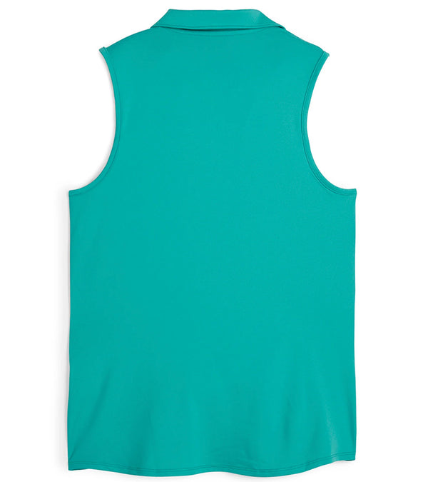 Puma Womens CLOUDSPUN Piped Sleeveless Golf Polo Shirt-back in solid Sparkling Green. With a classic collar, the golf shirt’s standout feature is its piped detailing at the V neckline adding a touch of sophistication to the overall design.