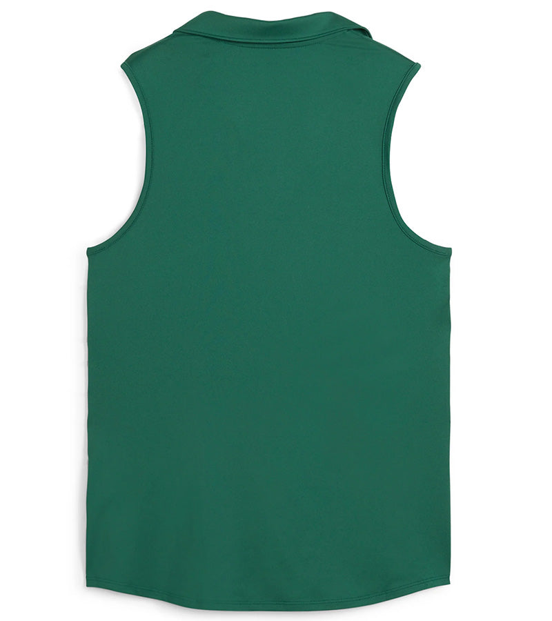 Puma Womens CLOUDSPUN Piped Sleeveless Golf Polo Shirt- back in solid Vine. With a classic collar, the golf shirt’s standout feature is its piped detailing at the V neckline adding a touch of sophistication to the overall design