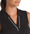 Puma Womens CLOUDSPUN Piped Sleeveless Golf Polo Shirt Sleeve in Puma Black with a closeup of the classic collar neckline featuring piped detailing at the V neckline adding a touch of sophistication to the overall design.