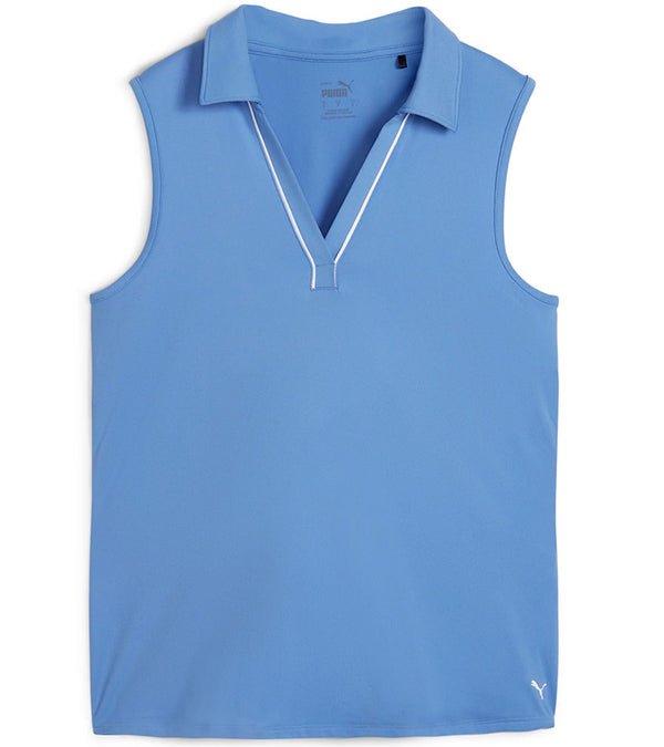 Puma Womens CLOUDSPUN Piped Sleeveless Golf Polo Shirt-  front in solid Blue Skies. With a classic collar, the golf shirt’s standout feature is its piped detailing at the V neckline adding a touch of sophistication to the overall design